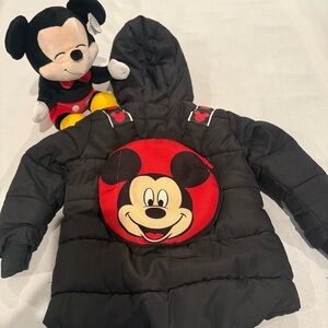Disney Winter Coat & Mickey Stuffy, Kids Black Red Hooded Puffer Backpack Sz 2T